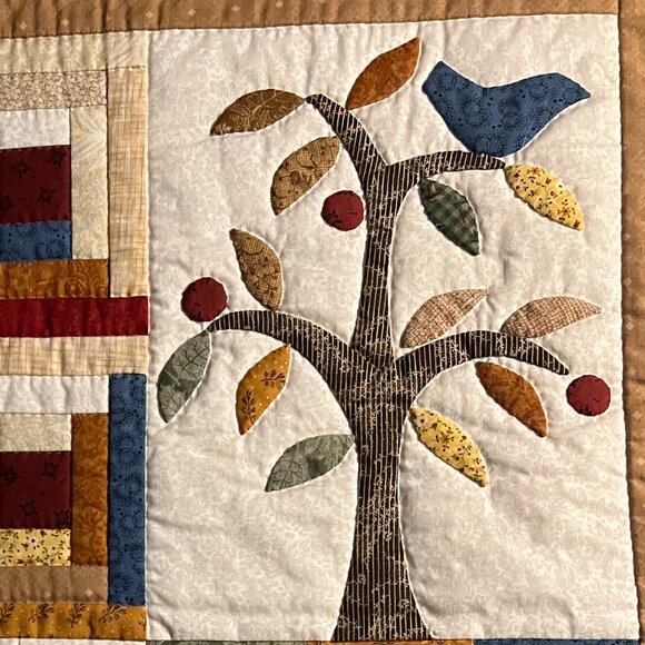 Hand Stitched Folk Art Log Cabin Patchwork & Bird Appliqué Quilt Wall Hanging - Picture 4 of 12